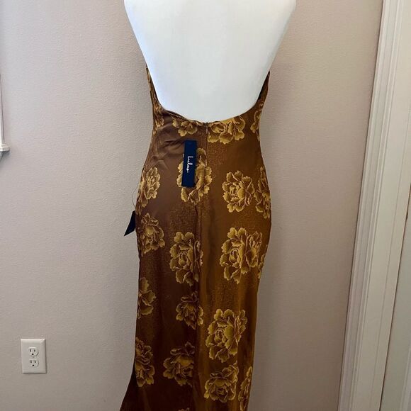 Lulus Elegant Brown gold Sheath midi Dress with Halter Neckline for Night Out - Picture 7 of 9